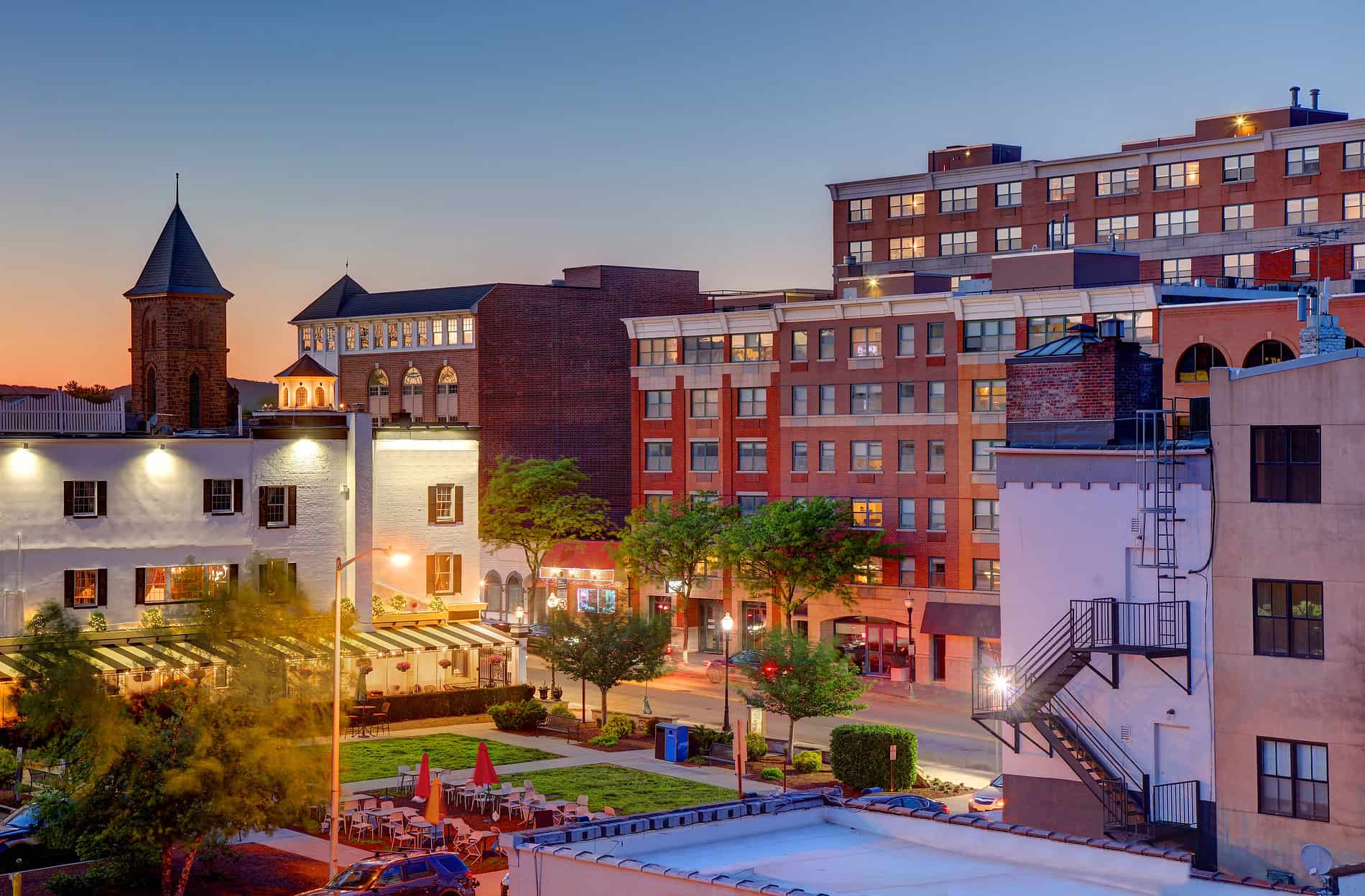 Downtown Morristown, New Jersey at dusk
