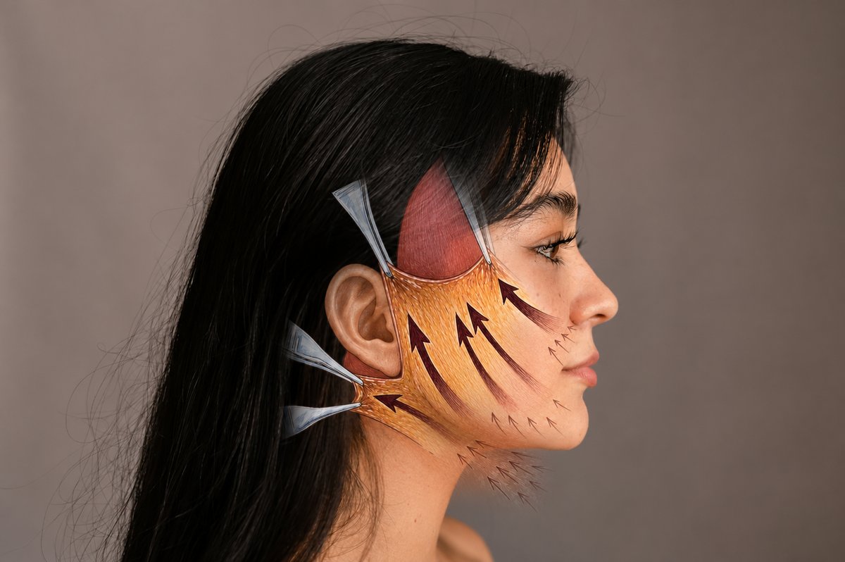 Deep plane facelift illustration — retaining ligaments released and deeper facial tissue repositioned as a single unit