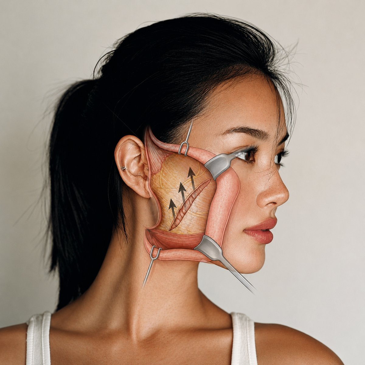 SMAS facelift illustration — tightening of the superficial musculoaponeurotic system layer beneath the skin