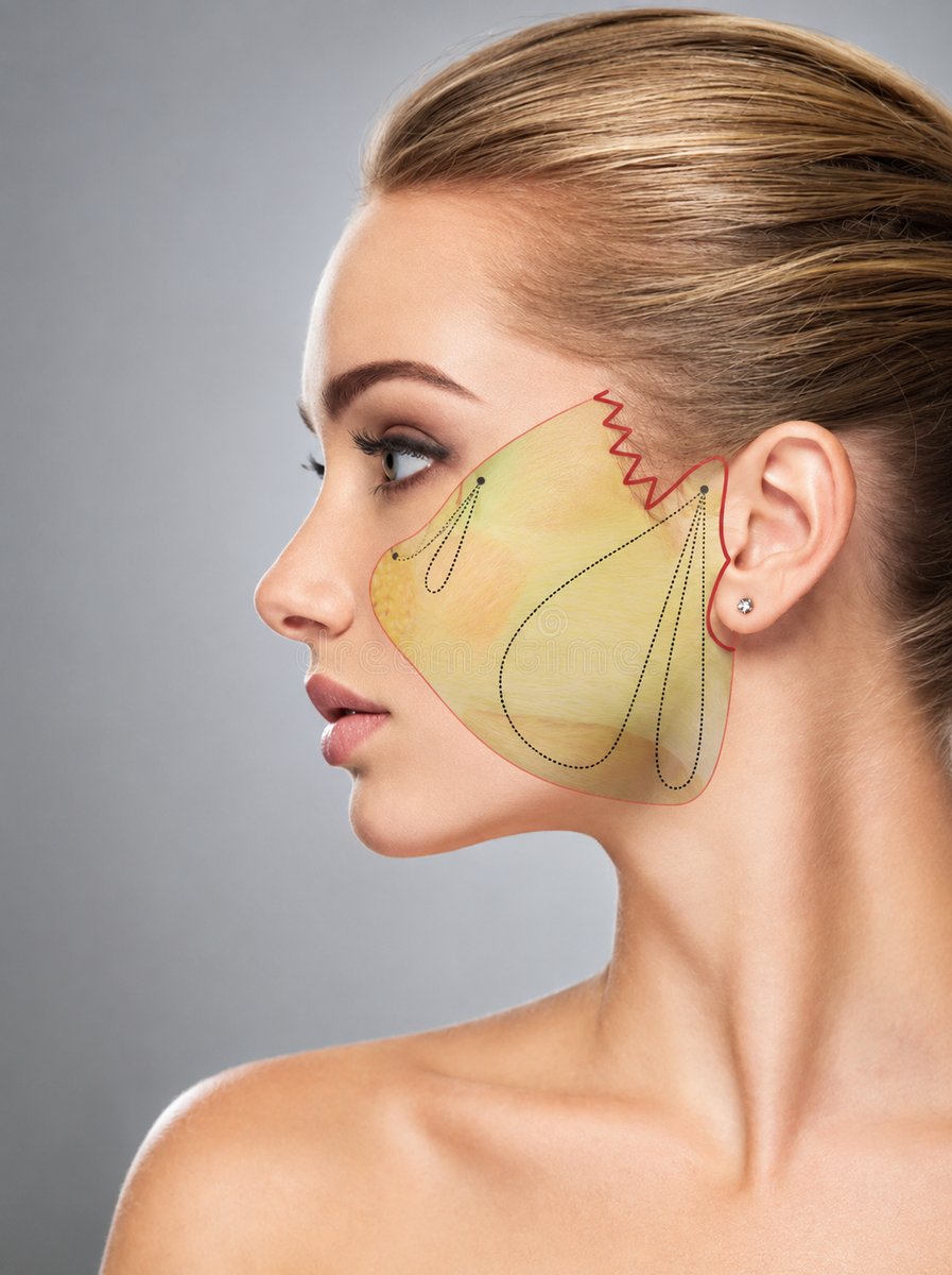 Mini (short-scar MACS) facelift illustration — limited incision around the ear with vertical suspension