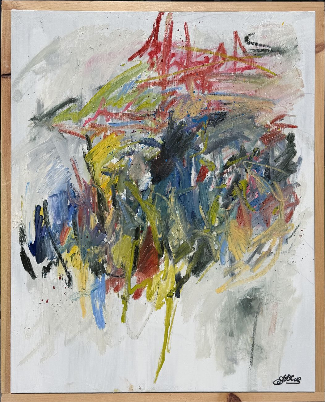Latest abstract oil painting by Dr. Andre Rafizadeh, framed in wood